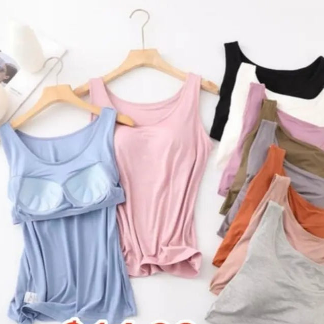 Damesinglet med innebygd BH, ermeløs, avslappet, enkel, rund hals, vanlig
