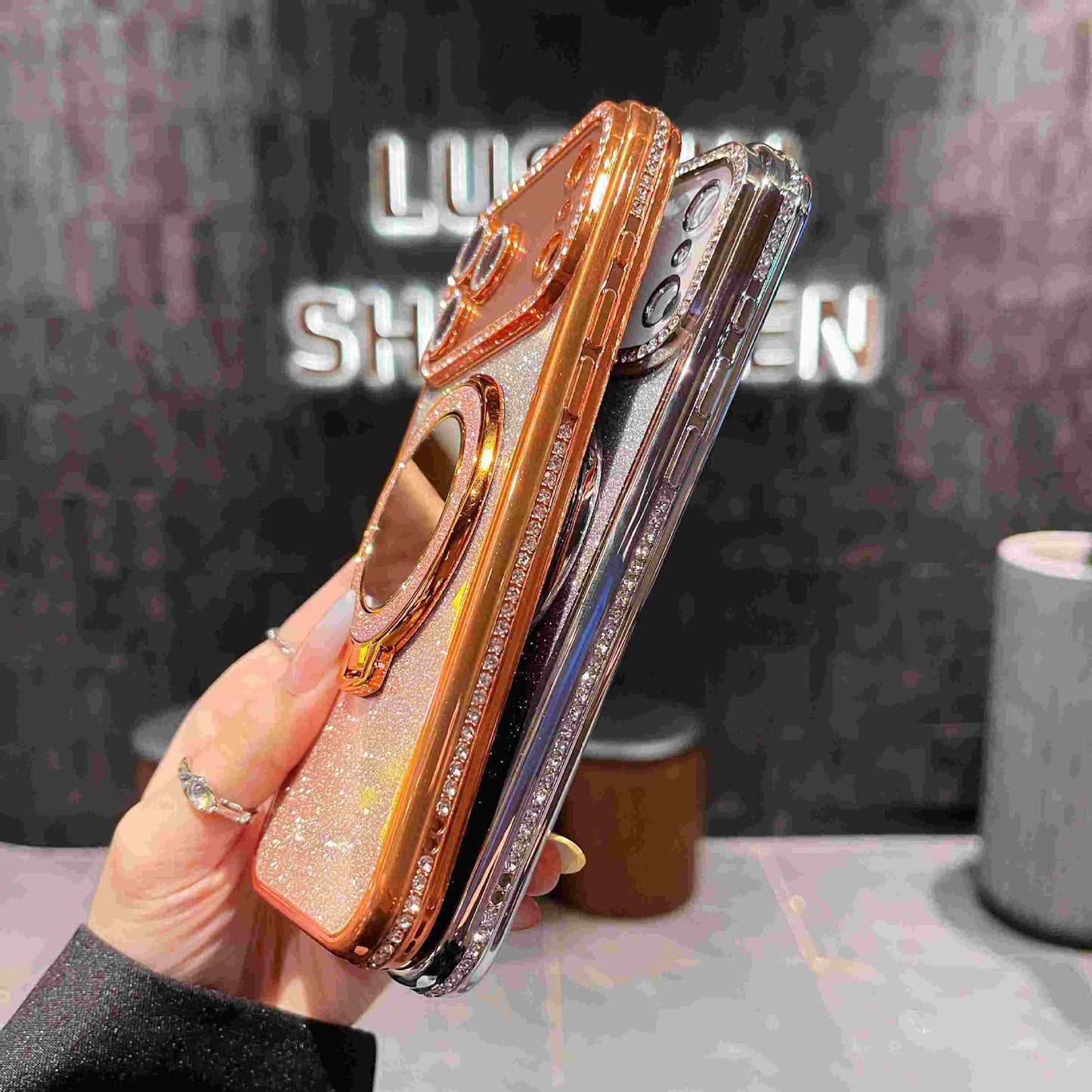 📲✨ Glitter- og gradientsminkespeil med beskyttende deksel