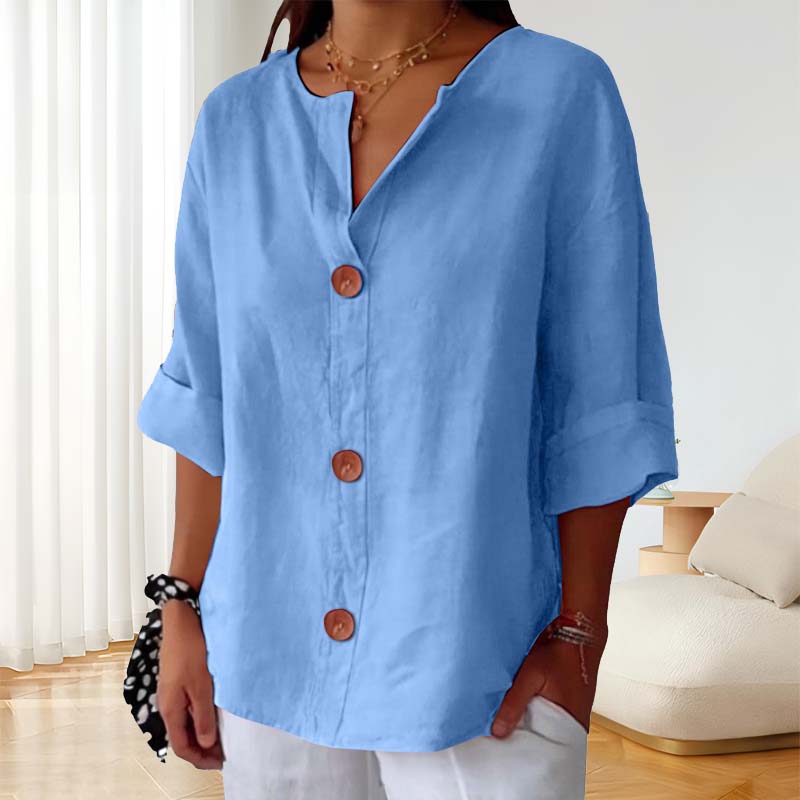 🎀Løs skjorte i bomull og lin med knappelukking