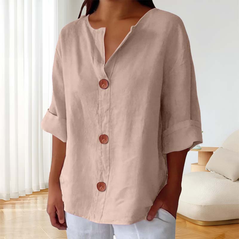 🎀Løs skjorte i bomull og lin med knappelukking