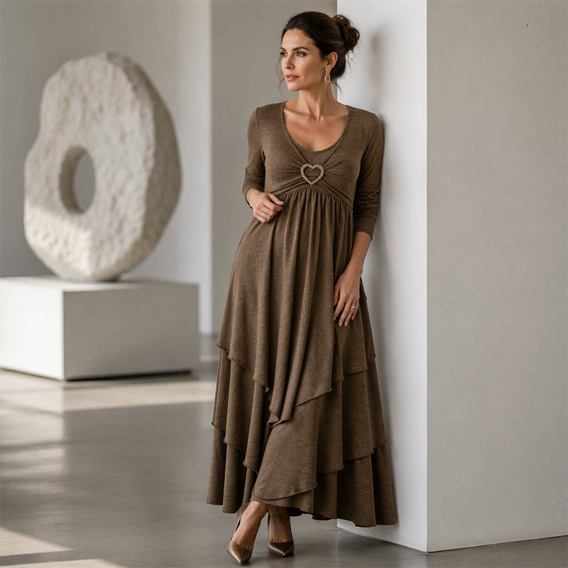 Bestseller🏆👗 Midi-kjole i lag-på-lag-stil med hjertedetalj – flatterende A-linje og luftig stoff, perfekt for reiser eller festligheter