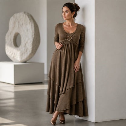 Bestseller🏆👗 Midi-kjole i lag-på-lag-stil med hjertedetalj – flatterende A-linje og luftig stoff, perfekt for reiser eller festligheter