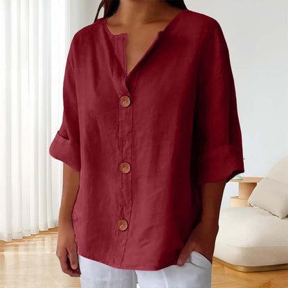 🎀Løs skjorte i bomull og lin med knappelukking