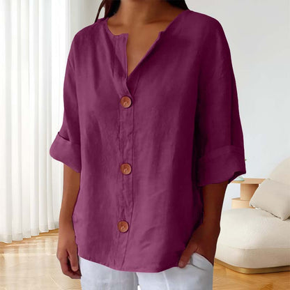 🎀Løs skjorte i bomull og lin med knappelukking