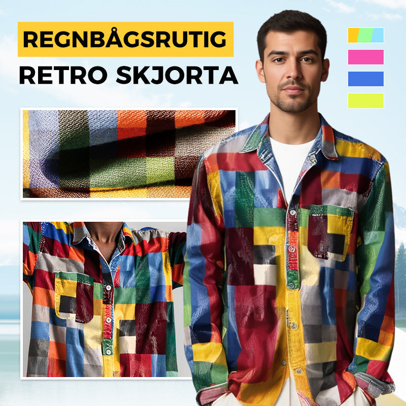 ✈️2 STK = GRATIS FRAKT✈️Unisex enkel langermet skjorte i regnbuefarger, rutete vintage-trykk med slag og lommer