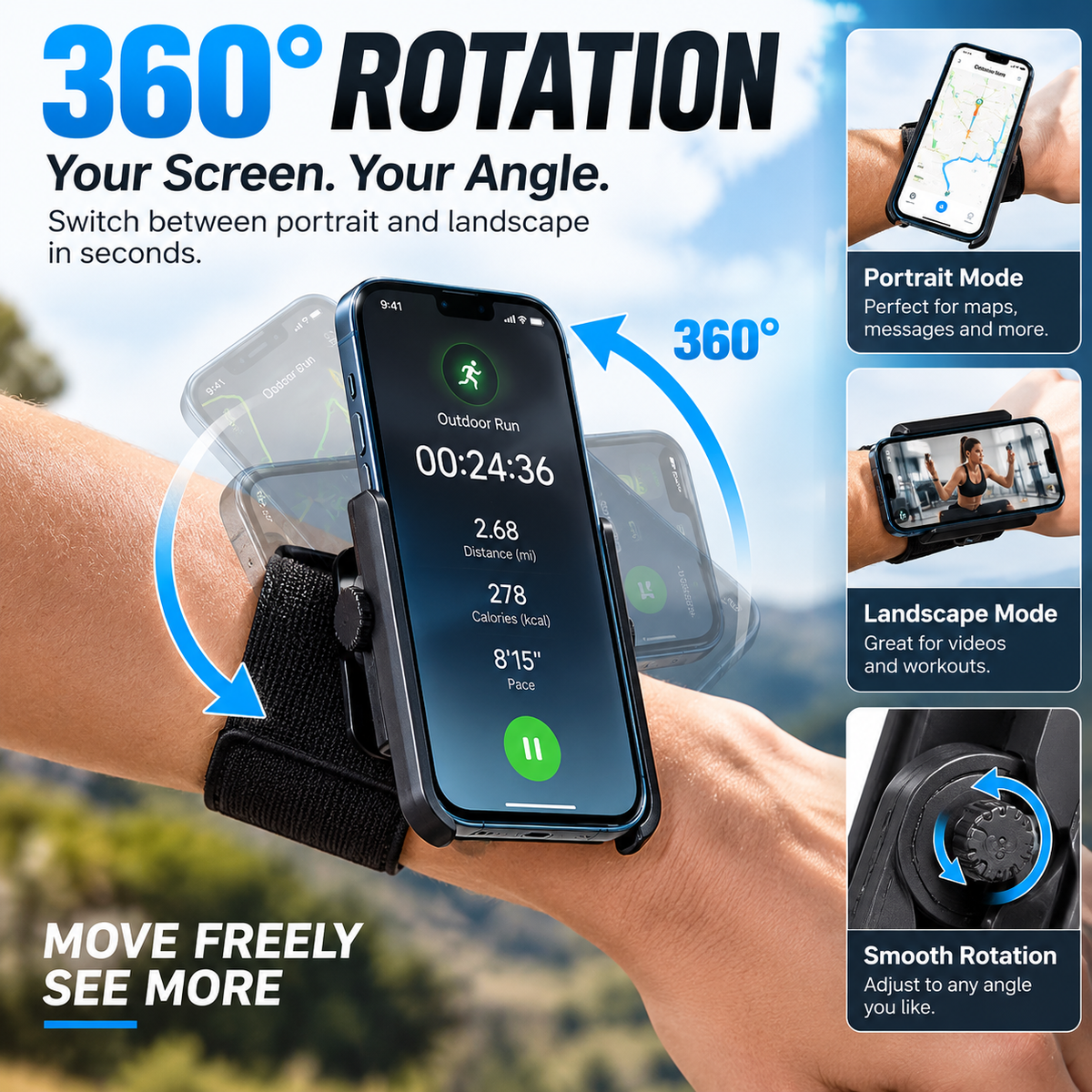 📱 360° roterende telefonholder for håndledd og arm – hender