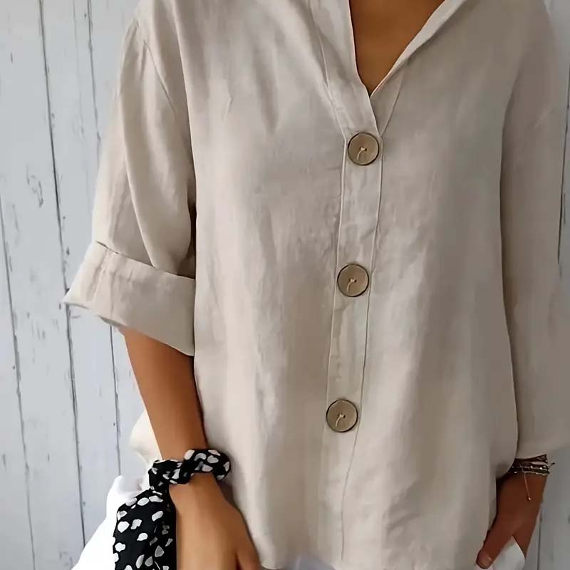 🎀Løs skjorte i bomull og lin med knappelukking