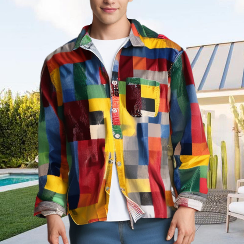 ✈️2 STK = GRATIS FRAKT✈️Unisex enkel langermet skjorte i regnbuefarger, rutete vintage-trykk med slag og lommer