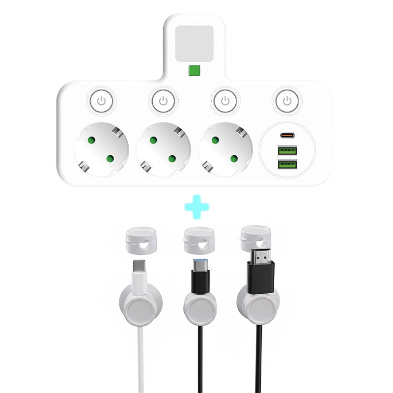 EU-pluggkonverteringskontakt med 4 stikkontakter, multiport-veggkontakt med uavhengig bryter og liten nattlysadapter