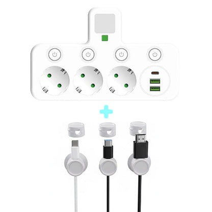 EU-pluggkonverteringskontakt med 4 stikkontakter, multiport-veggkontakt med uavhengig bryter og liten nattlysadapter