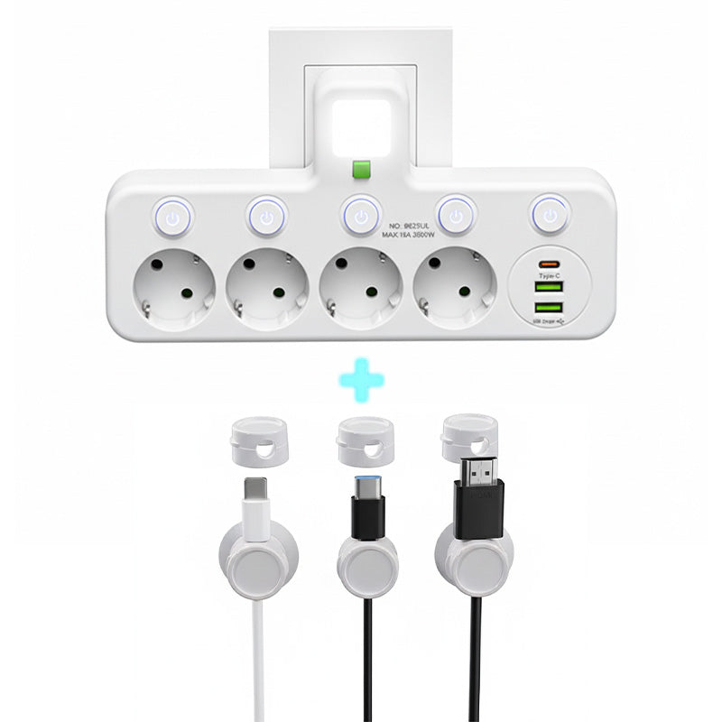 EU-pluggkonverteringskontakt med 4 stikkontakter, multiport-veggkontakt med uavhengig bryter og liten nattlysadapter