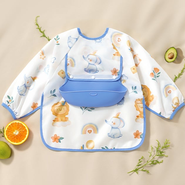 👶Baby langermet smekke med silikonlomme🍽️