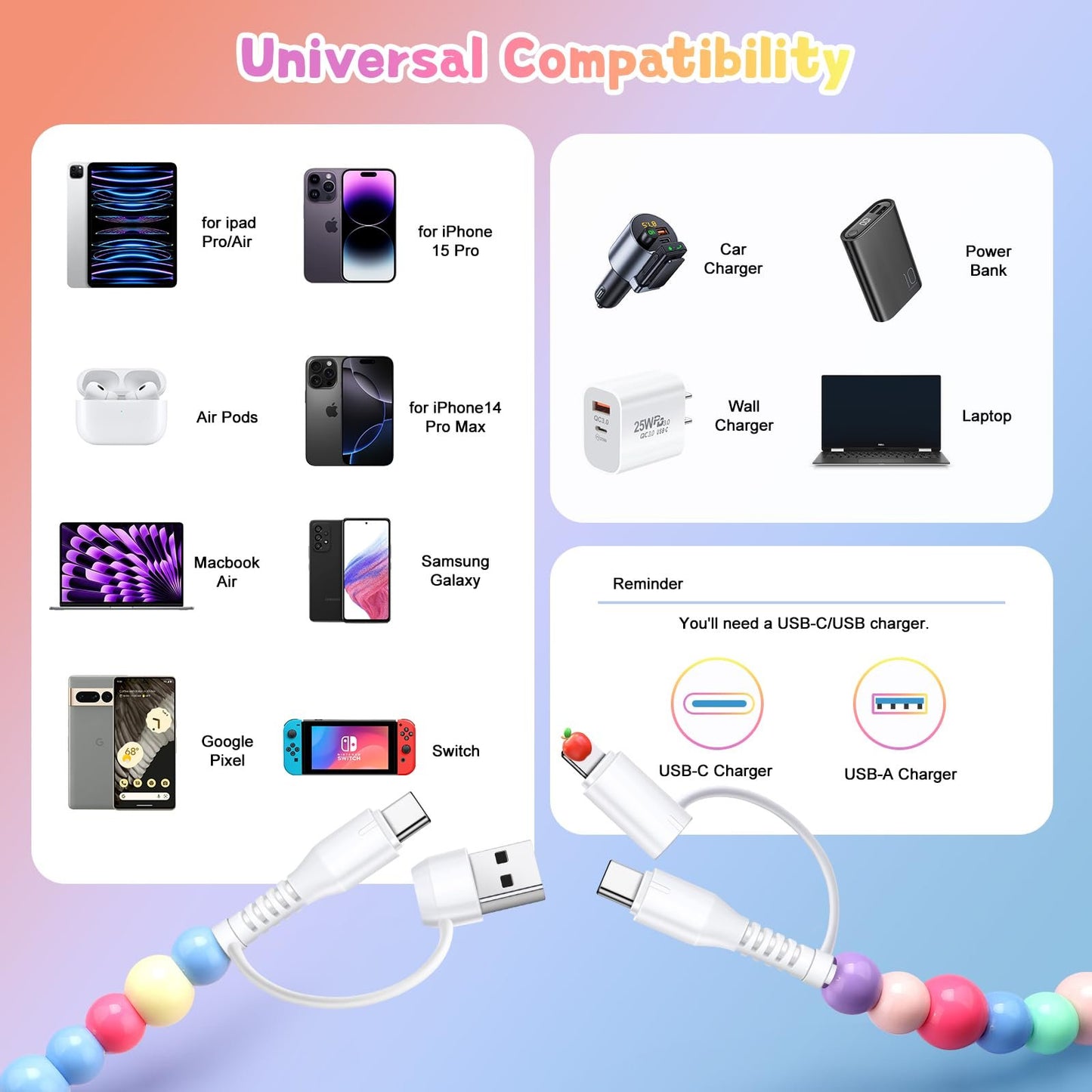 🎁KJØP 1, FÅ 1 GRATIS🔥4-i-1 perlebesatt ladekabel og hurtigladekabel 66W