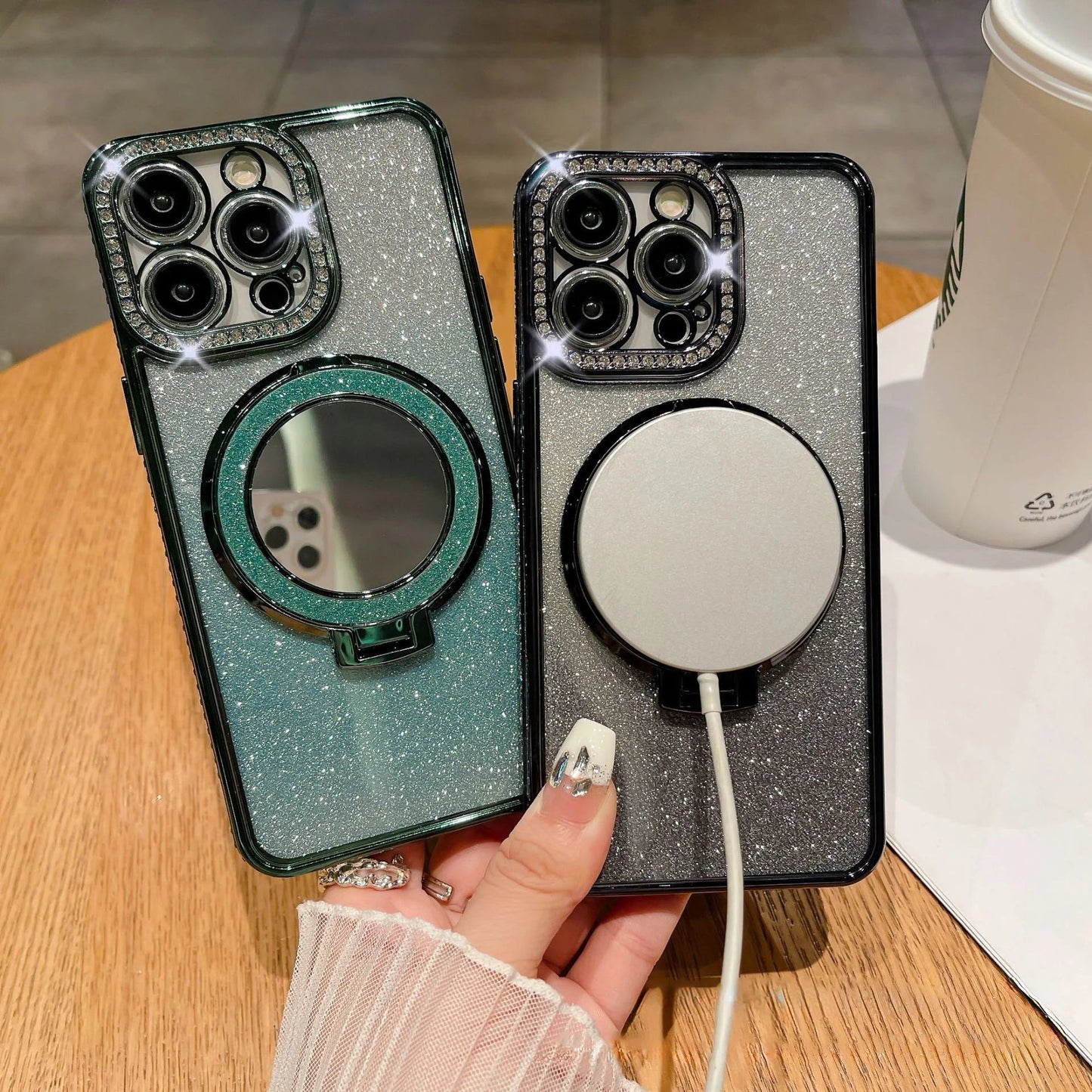 📲✨ Glitter- og gradientsminkespeil med beskyttende deksel