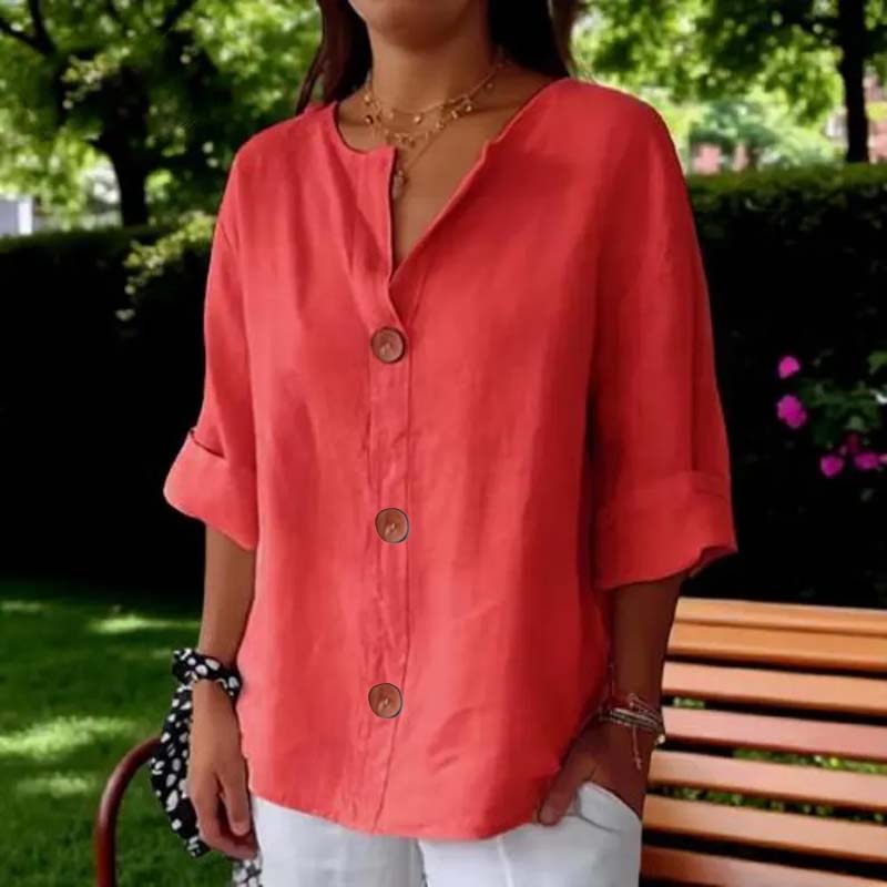 🎀Løs skjorte i bomull og lin med knappelukking