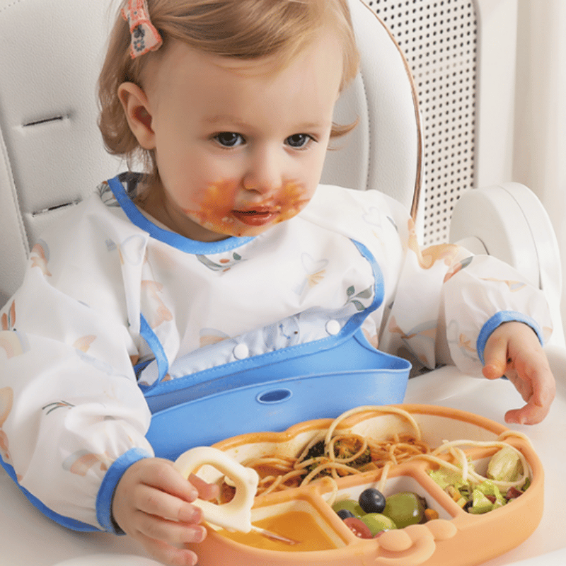 👶Baby langermet smekke med silikonlomme🍽️