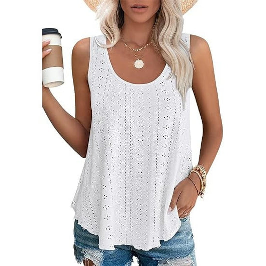 Dame-T-topper Ermeløs Mønster Brodert Scoop Neck Løs passform Avslappet Sommer Flagrende