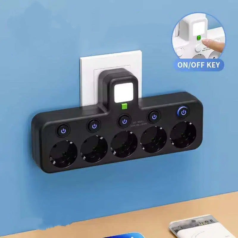 EU-pluggkonverteringskontakt med 4 stikkontakter, multiport-veggkontakt med uavhengig bryter og liten nattlysadapter