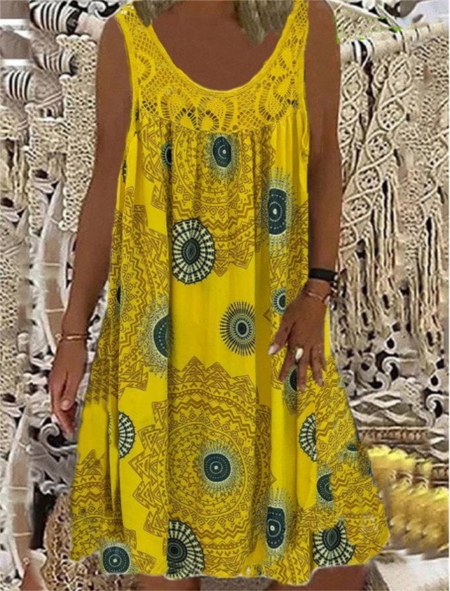 🔥Sommerkjole med ermeløs trykk og O-hals for kvinner