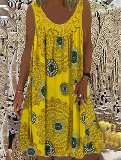 🔥Sommerkjole med ermeløs trykk og O-hals for kvinner