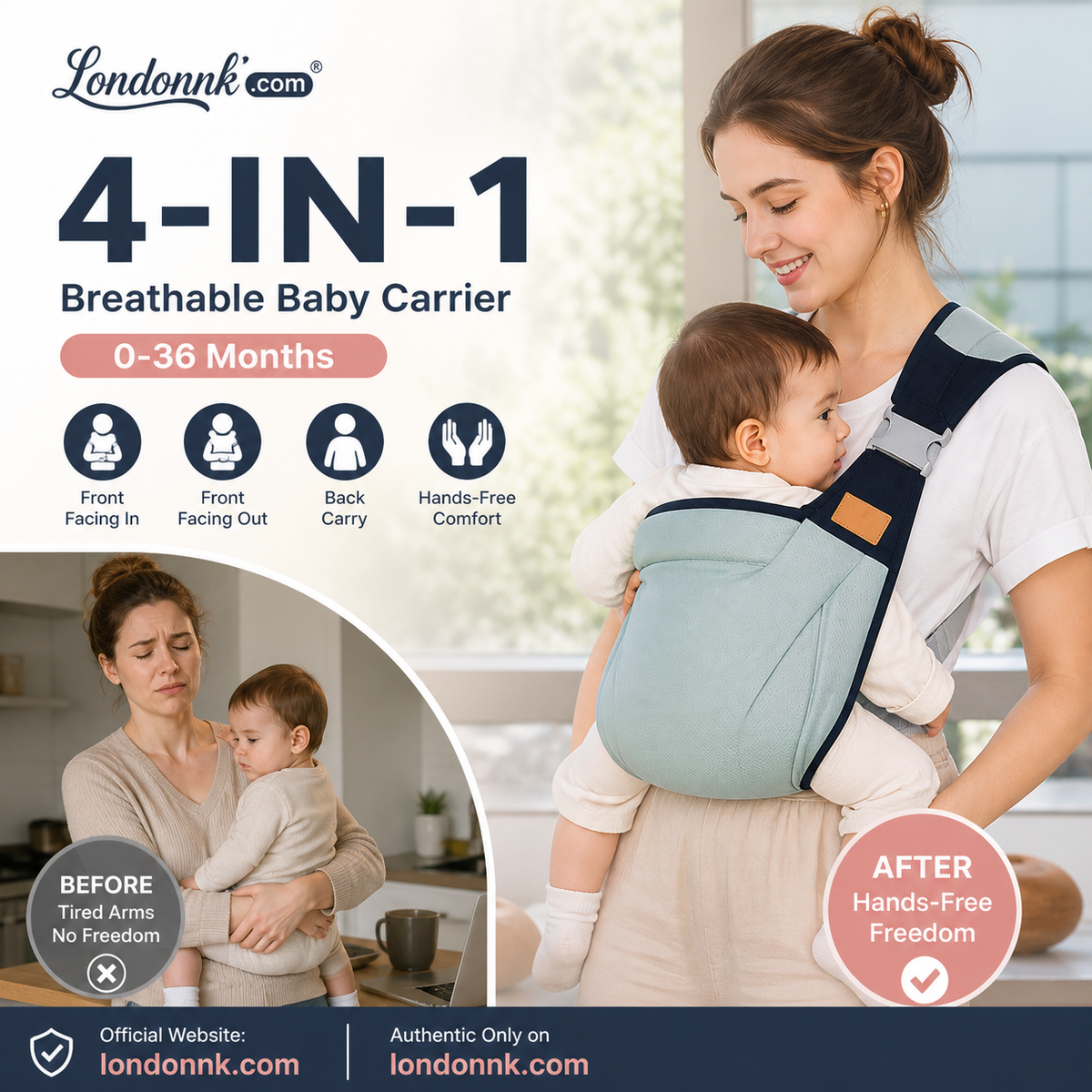 👶 50 % RABATT NÅ! 🧺 4-i-1 bæresele med ventilerende mesh – 0–36 måneder, foran & bak – nær barnet, hendene frie 💕