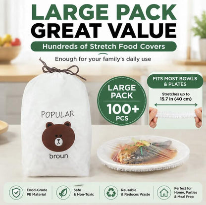 📢📢【Begrenset tilbud – Kjøp 1 få 1 gratis】🔥 100 st Engangs strekkfilm for skåler og tallerkener, elastiske beholderlokk, alternativ til plastfolie for matrester, frukt, grønnsaker og matoppbevaring på kjøkkenet
