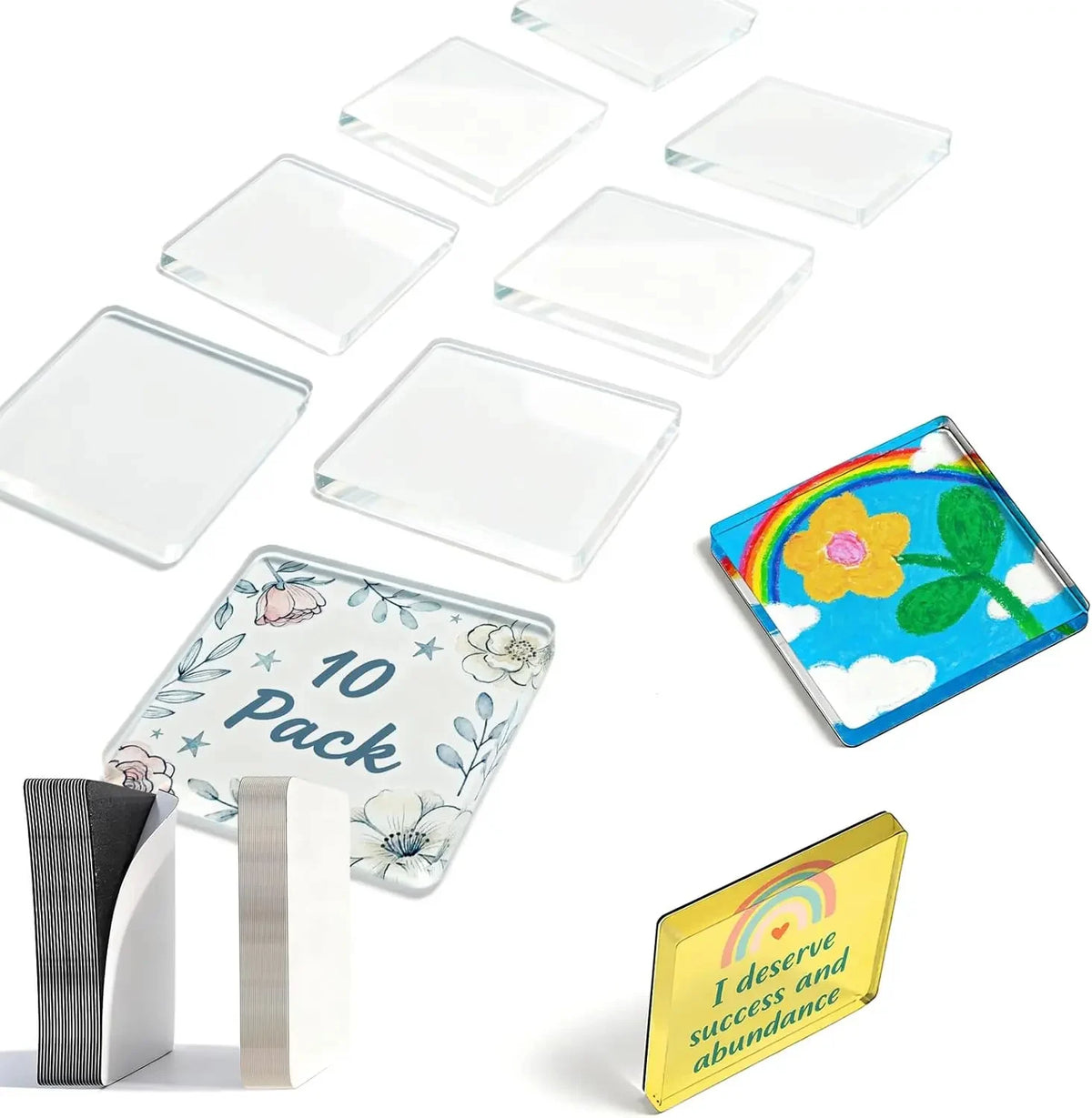 🎞✂10-pakning 2" x 2" klare akryl DIY kjøleskapsmagnet-sett med klebende bakside – kvadratiske magnetiske fotorammer med fantastisk 3D-effekt 💕