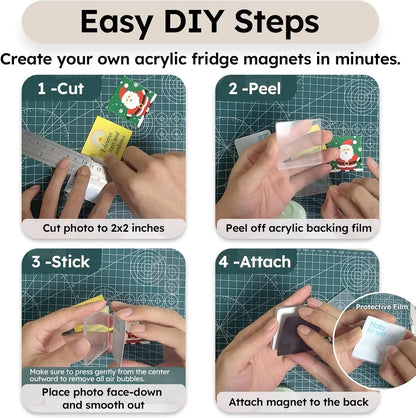 🎞✂10-pakning 2" x 2" klare akryl DIY kjøleskapsmagnet-sett med klebende bakside – kvadratiske magnetiske fotorammer med fantastisk 3D-effekt 💕