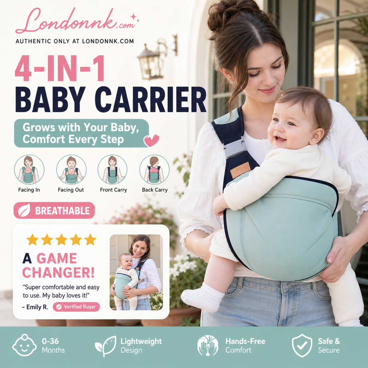👶 50 % RABATT NÅ! 🧺 4-i-1 bæresele med ventilerende mesh – 0–36 måneder, foran & bak – nær barnet, hendene frie 💕