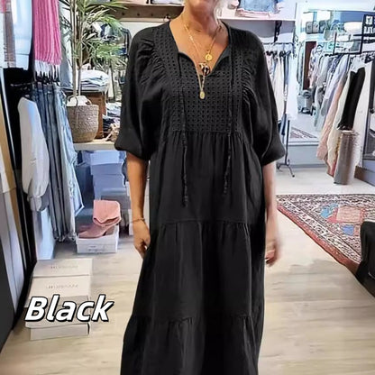 Flerlags ensfarget lang kjole med V-hals og halve ermer for kvinner