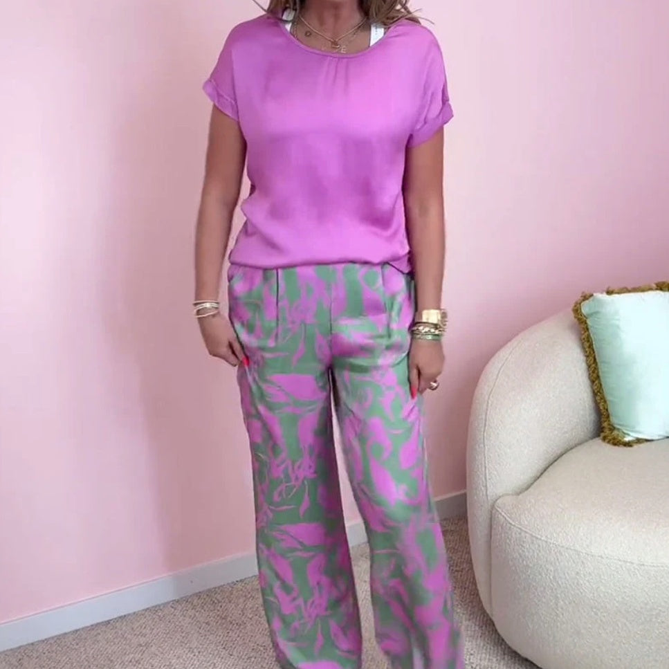 Rund hals med korte ermer, trykk, korte ermer, lange bukser, todelt dress