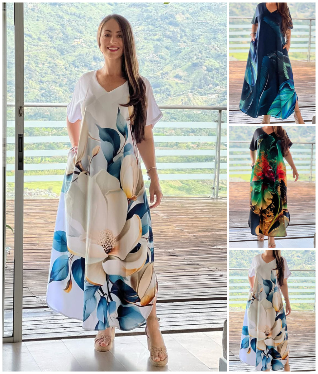 👗 Løse, avslappede damekjoler med V-hals og mønstrede korte ermer