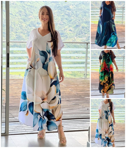 👗 Løse, avslappede damekjoler med V-hals og mønstrede korte ermer