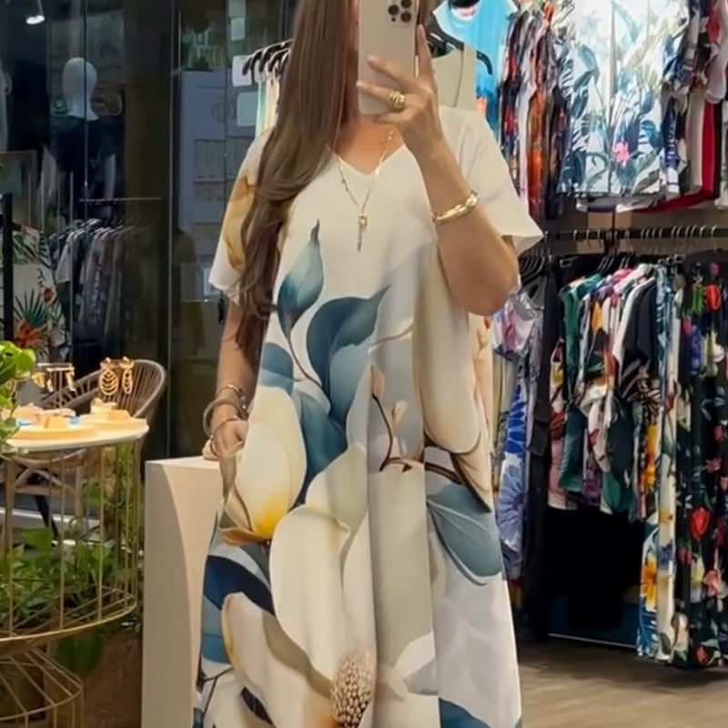 👗 Løse, avslappede damekjoler med V-hals og mønstrede korte ermer