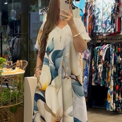 👗 Løse, avslappede damekjoler med V-hals og mønstrede korte ermer