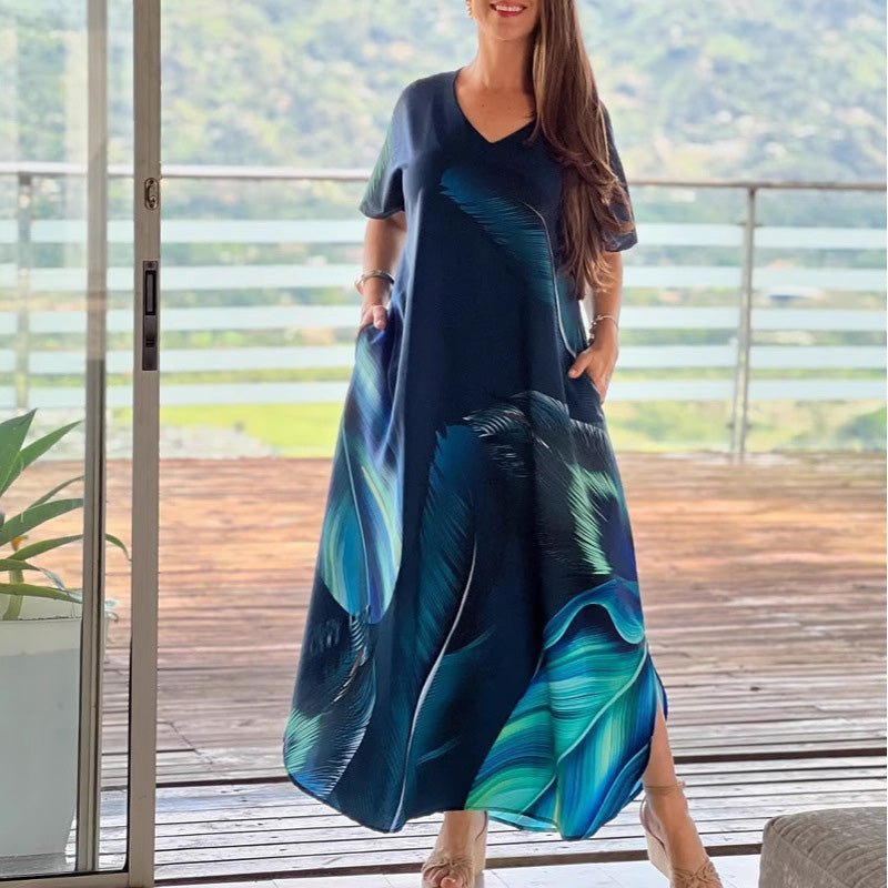 👗 Løse, avslappede damekjoler med V-hals og mønstrede korte ermer