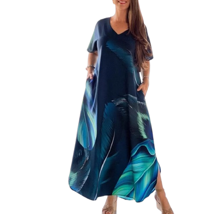 👗 Løse, avslappede damekjoler med V-hals og mønstrede korte ermer