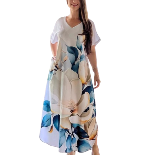 👗 Løse, avslappede damekjoler med V-hals og mønstrede korte ermer