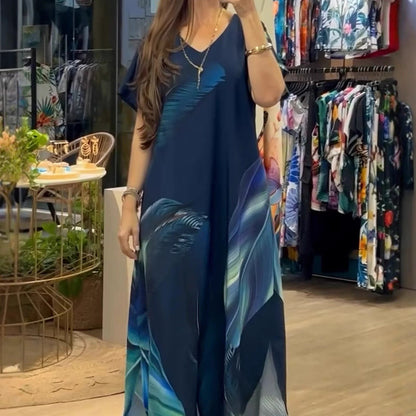 👗 Løse, avslappede damekjoler med V-hals og mønstrede korte ermer