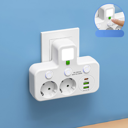 EU-pluggkonverteringskontakt med 4 stikkontakter, multiport-veggkontakt med uavhengig bryter og liten nattlysadapter