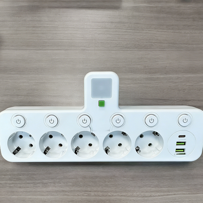 EU-pluggkonverteringskontakt med 4 stikkontakter, multiport-veggkontakt med uavhengig bryter og liten nattlysadapter