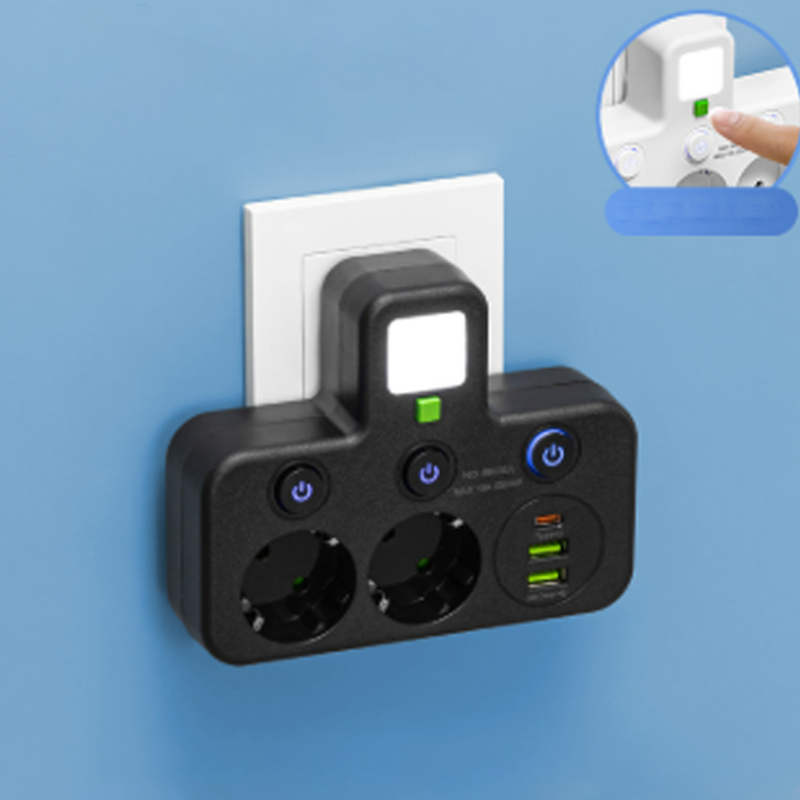 EU-pluggkonverteringskontakt med 4 stikkontakter, multiport-veggkontakt med uavhengig bryter og liten nattlysadapter