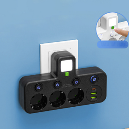 EU-pluggkonverteringskontakt med 4 stikkontakter, multiport-veggkontakt med uavhengig bryter og liten nattlysadapter