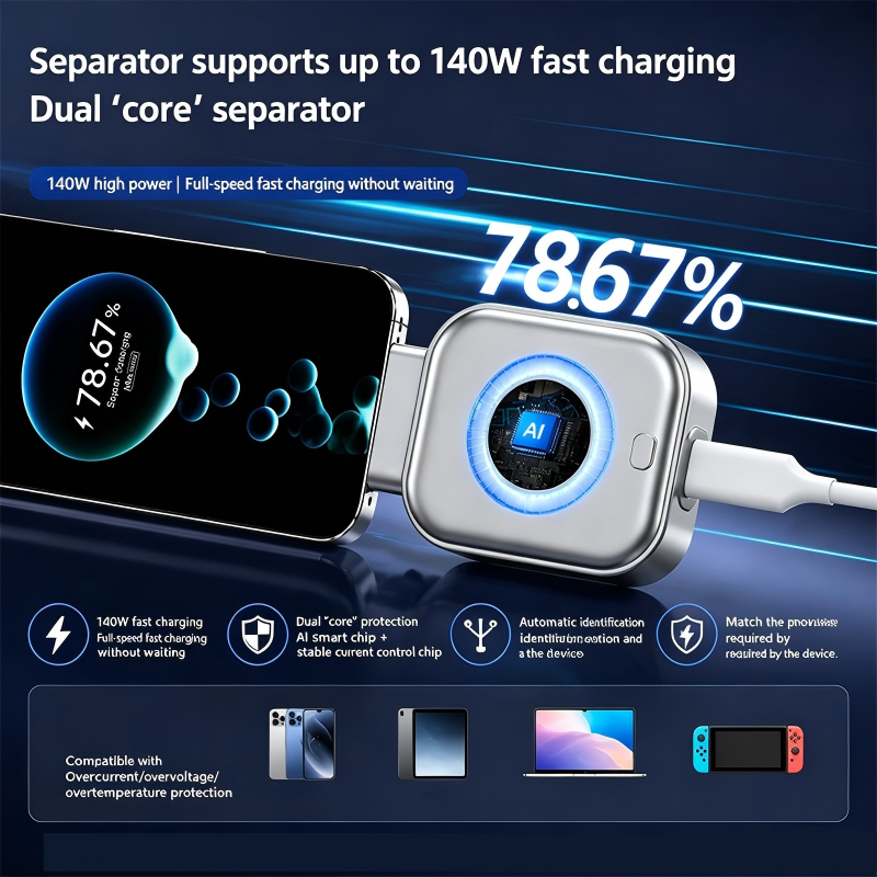 ⚡140W superrask lader med AI automatisk avstengning - USB-C PD3.1 - Intelligent batteribeskyttelse - Universal for iPhone, MacBook og nettbrett