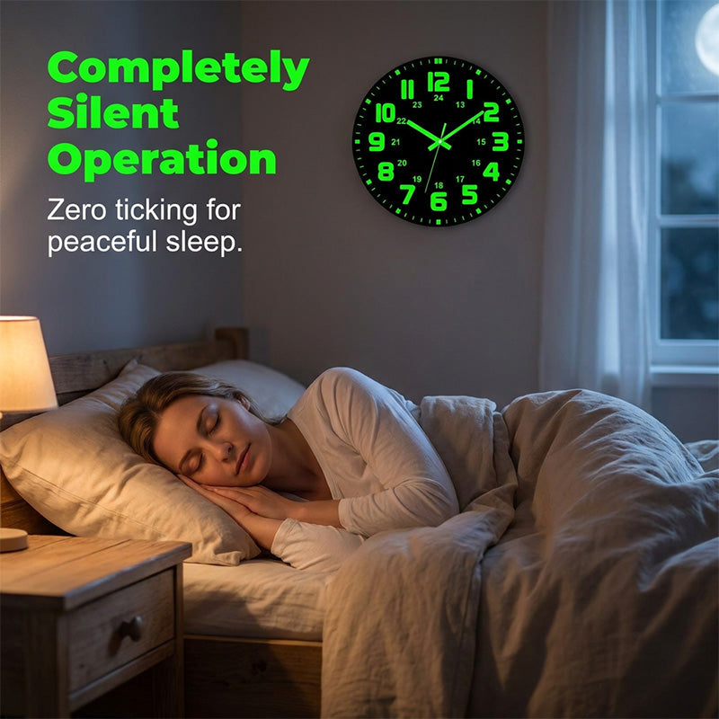 🕐 KUN MIDLERTIDIG: 50% RABATT! ✨ Lysende veggklokke – Stille, 12 tommer, Synlig dag og natt 🌙