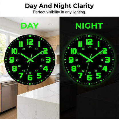 🕐 KUN MIDLERTIDIG: 50% RABATT! ✨ Lysende veggklokke – Stille, 12 tommer, Synlig dag og natt 🌙