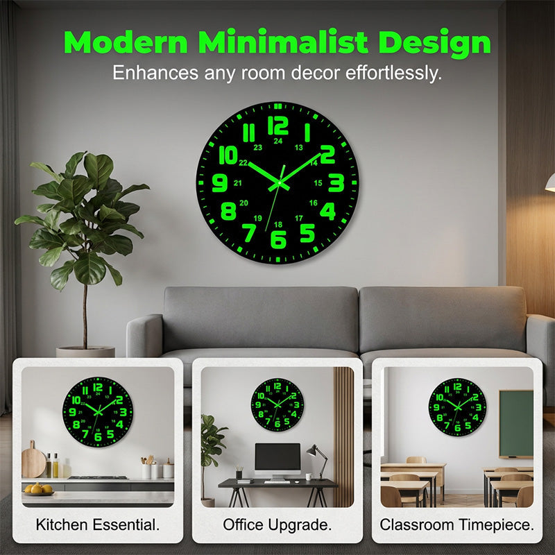 🕐 KUN MIDLERTIDIG: 50% RABATT! ✨ Lysende veggklokke – Stille, 12 tommer, Synlig dag og natt 🌙